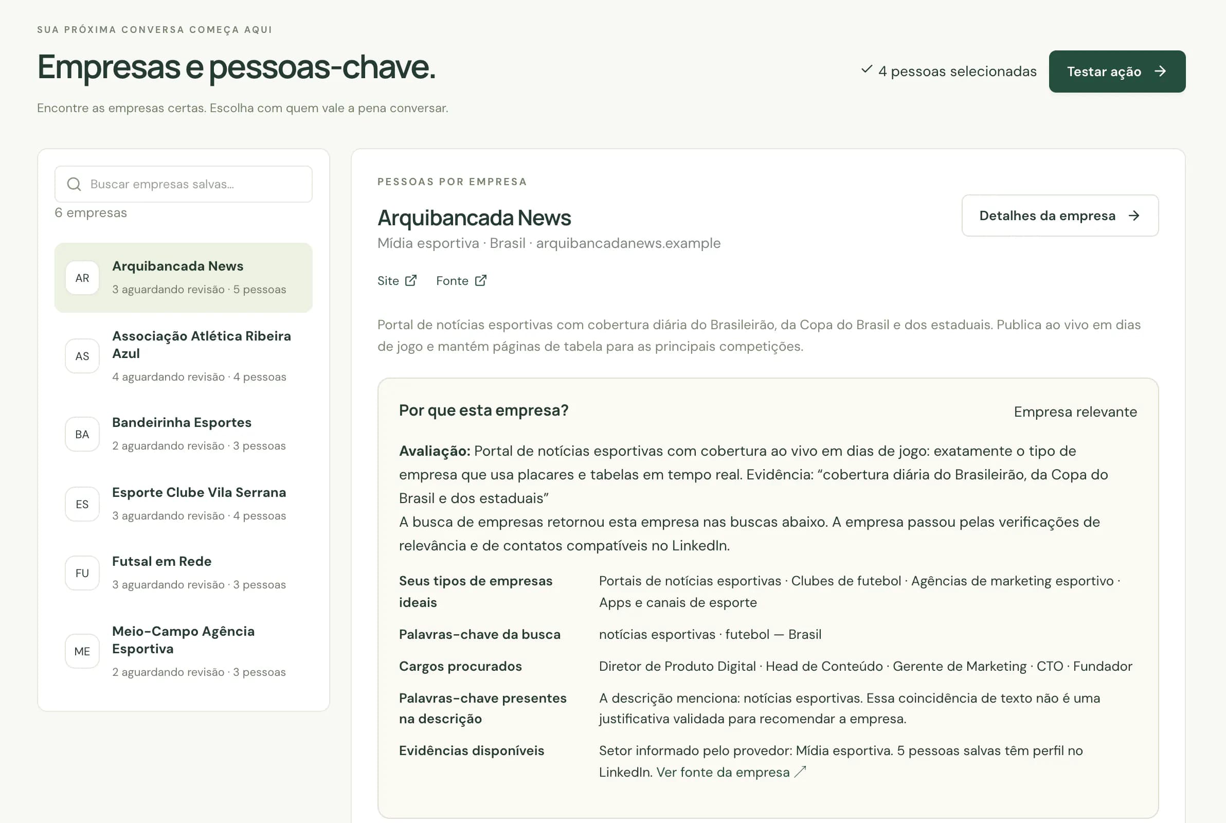 Resultado de uma campanha na COROOJA: seis empresas do mercado esportivo à esquerda e, em destaque, o portal Arquibancada News com sua descrição e o quadro “Por que esta empresa?” com a avaliação de relevância.