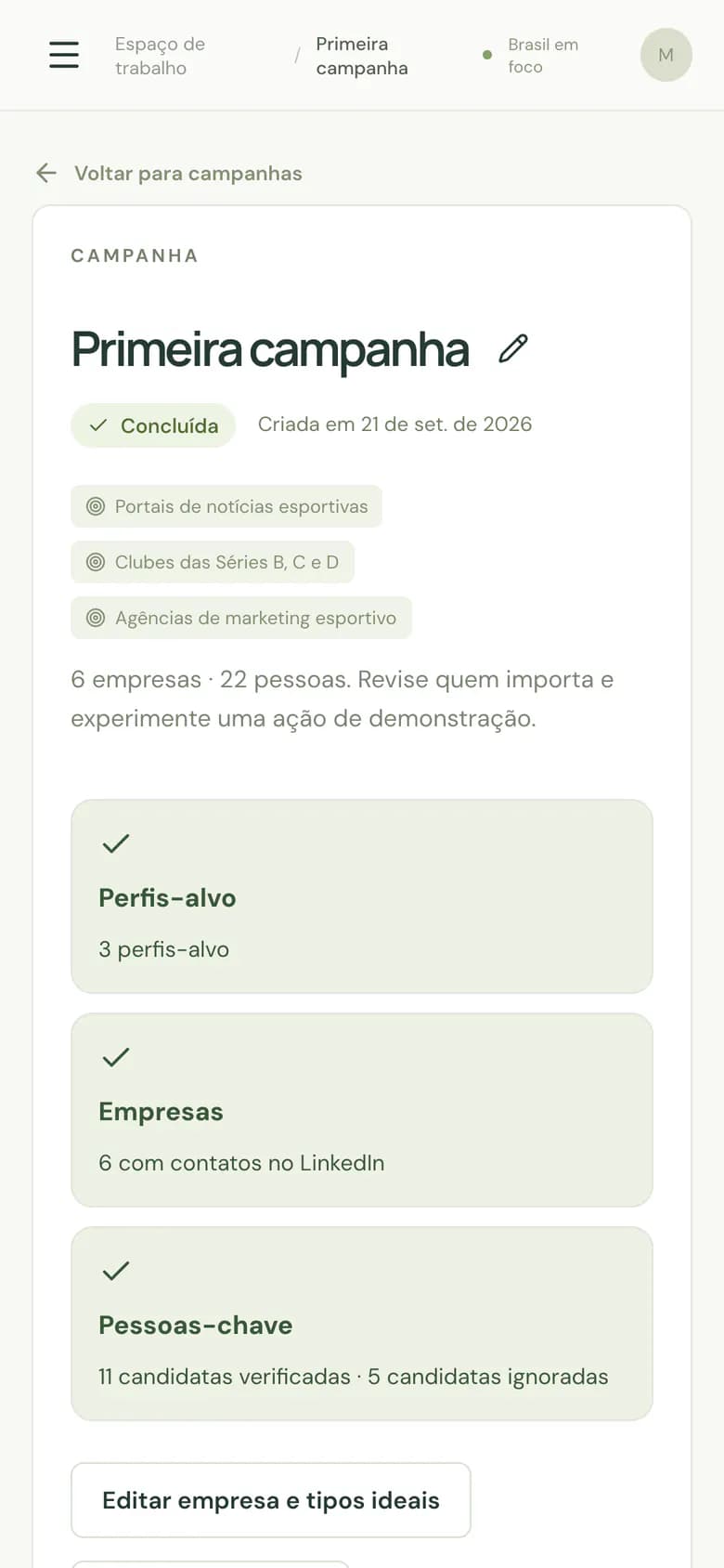 Campanha concluída no celular: 6 empresas e 22 pessoas, com as etapas perfis-alvo, empresas e pessoas-chave concluídas.