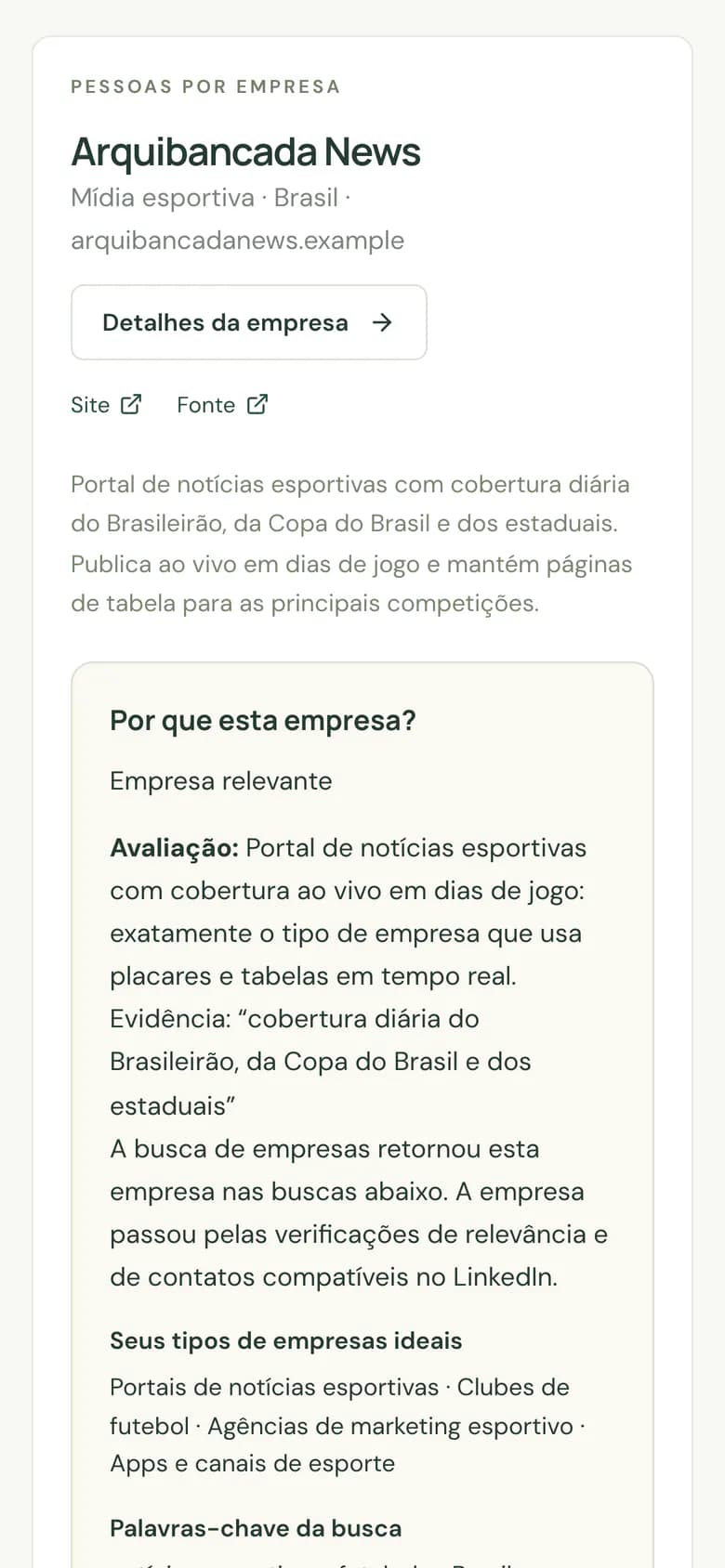 A empresa Arquibancada News no celular, com a descrição e o quadro “Por que esta empresa?”.