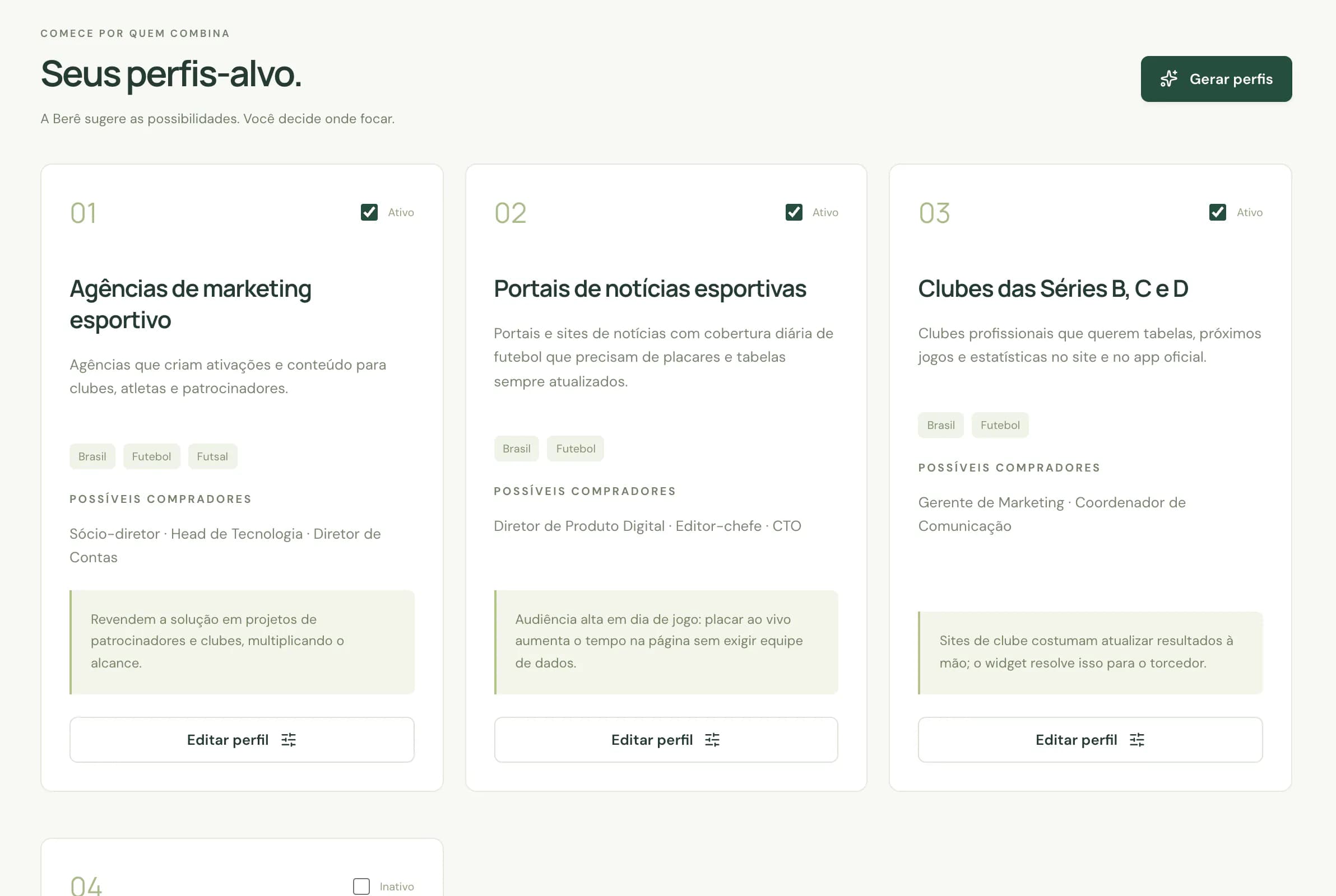 Tela de perfis-alvo da COROOJA com três perfis ativos (agências de marketing esportivo, portais de notícias esportivas e clubes das Séries B, C e D), cada um com possíveis compradores e a justificativa da Berê.